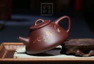 《石瓢泥繪鳥》宜興紫砂壺名師工藝美術(shù)師手工紫泥金絲西施泡茶壺