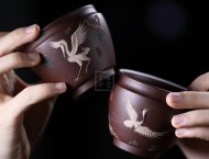 《松鶴對杯》宜興紫砂壺紫泥全手工茶壺茶具
