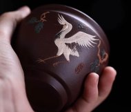 《松鶴對杯》宜興紫砂壺紫泥全手工茶壺茶具